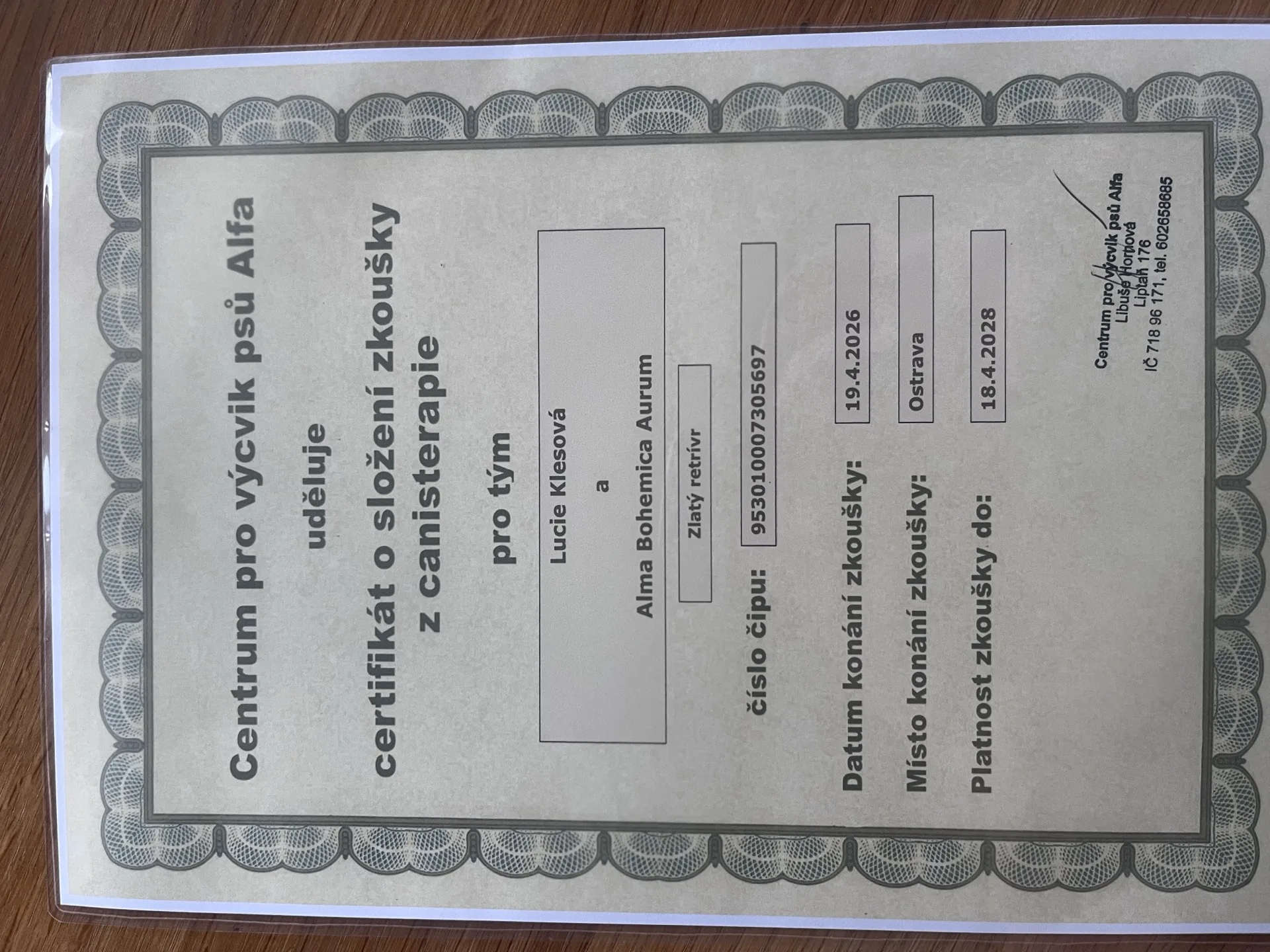 Certifikát o složení zkoušky z canisterapie – Alma Bohemica Aurum